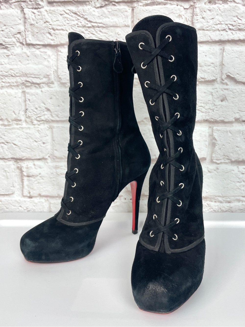 Christian Louboutin Black Suede Lace-Up Square Toe Heeled Boots Size 39